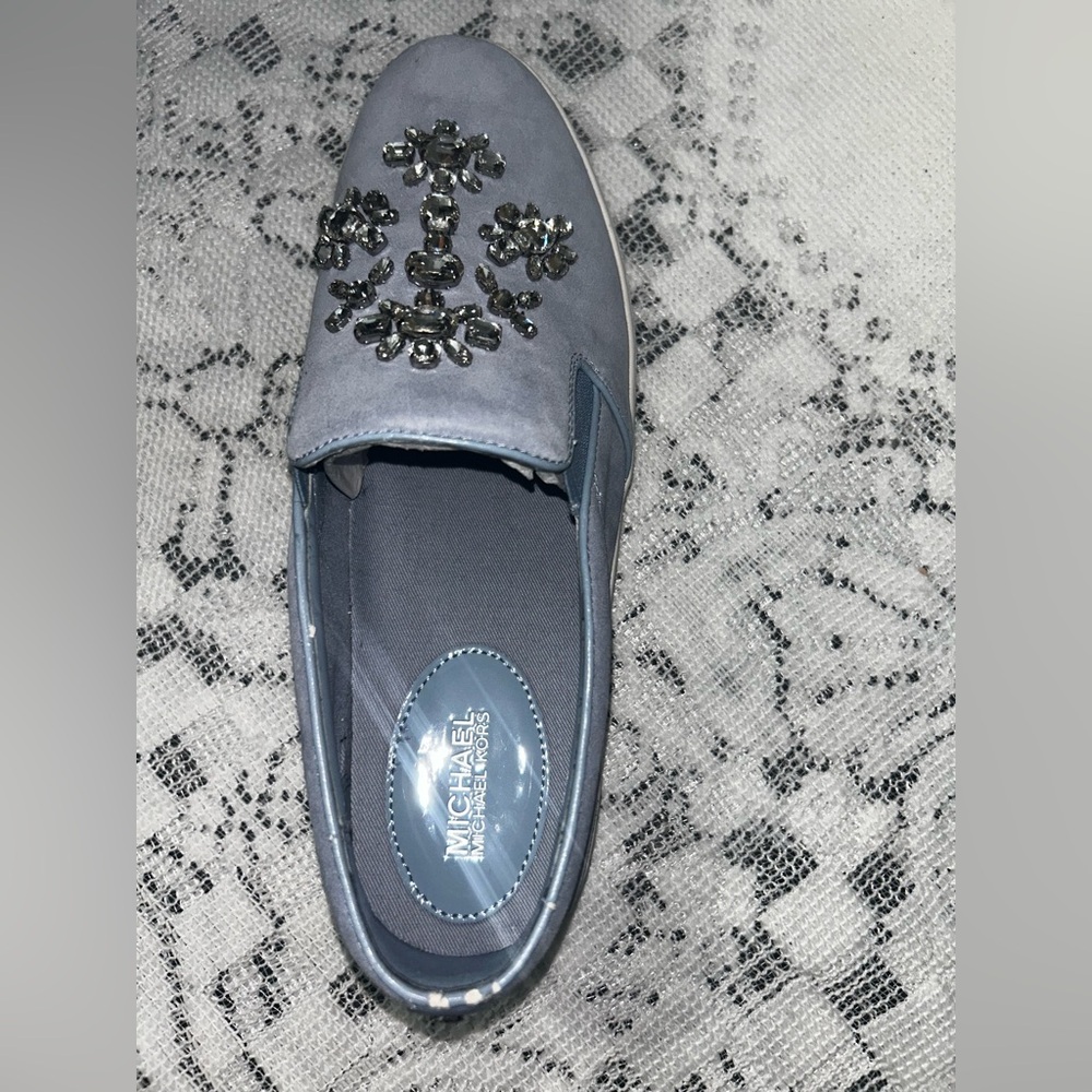 MICHAEL KORS Pale Blue Keaton Embellished Suede Leather Slip-On Sneaker - Picture 11 of 13